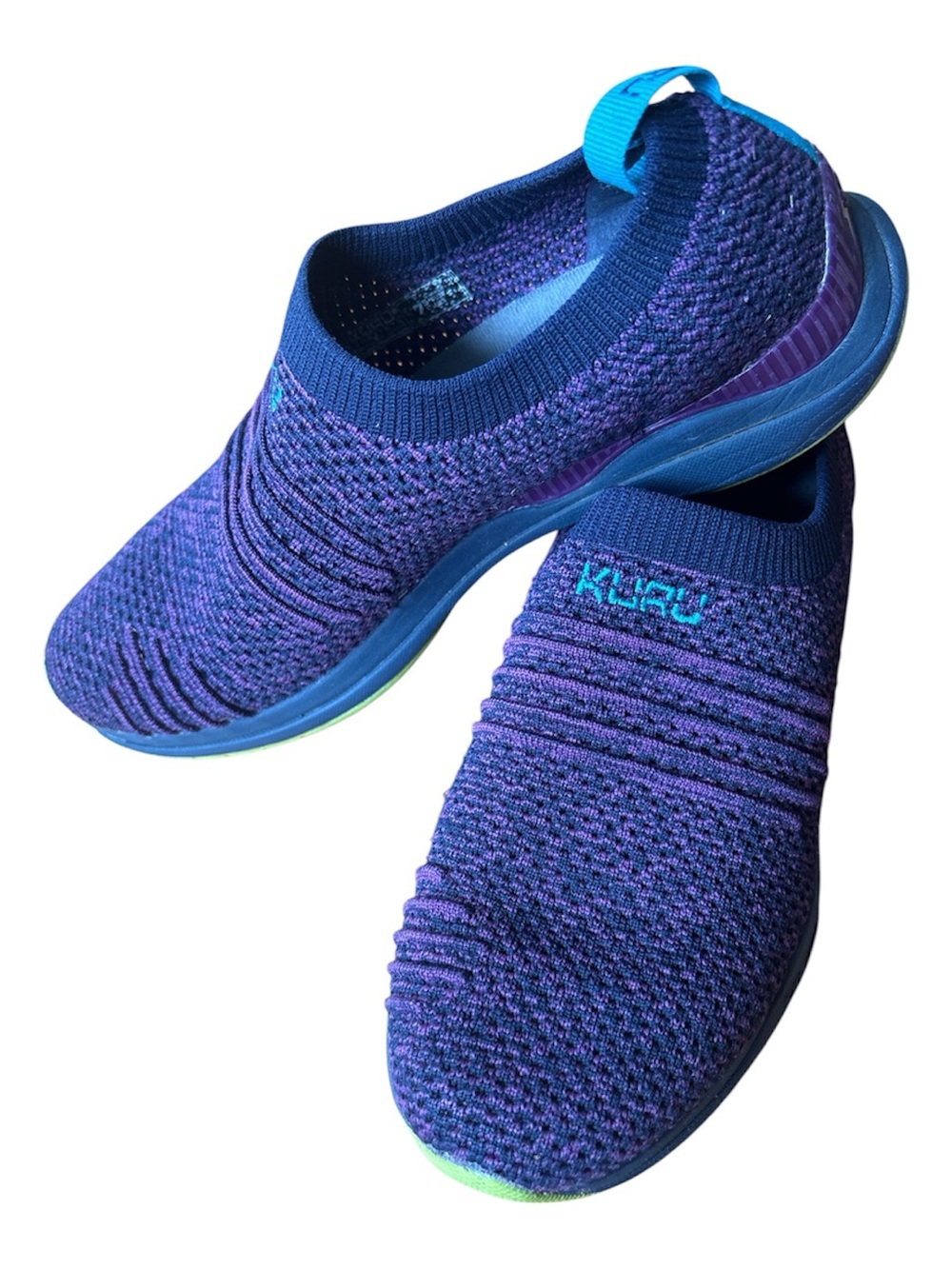 KURU Womens Knit Slip-On Sneakers — Purple with Blue Accents Size 7.5
